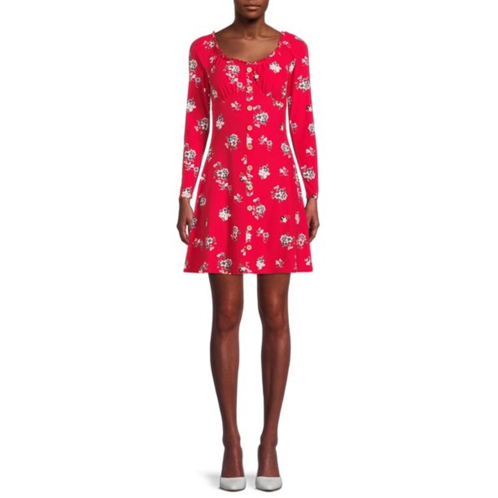 No Boundaries Red Floral Button Detail Knee length Long Sleeve Dress L